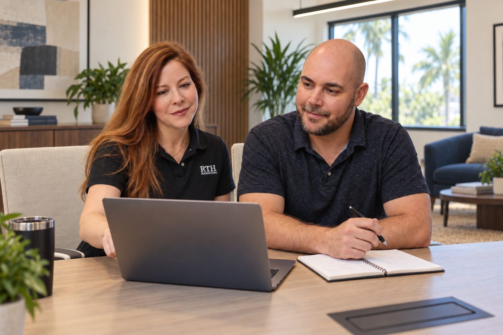 Two RTH Marketing team members working together at a conference table with a laptop and notebook