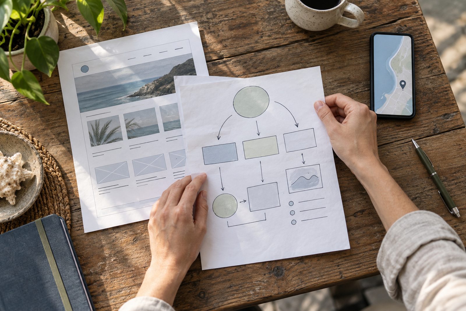Hands adjusting a hand-drawn marketing plan beside a printed website wireframe and a phone showing a map