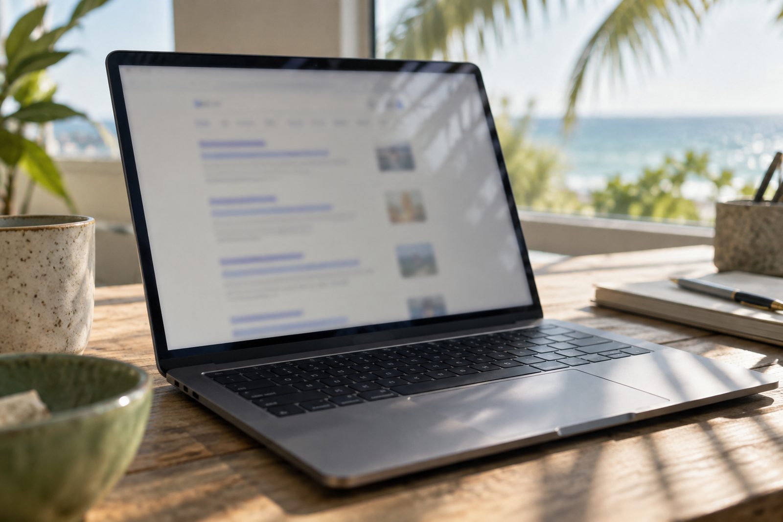 Laptop on a desk showing a blurred search results page, with palm trees and the ocean outside