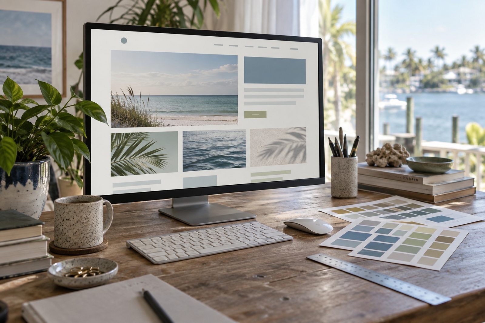 A designer desk with a monitor showing a clean website layout and printed color swatches