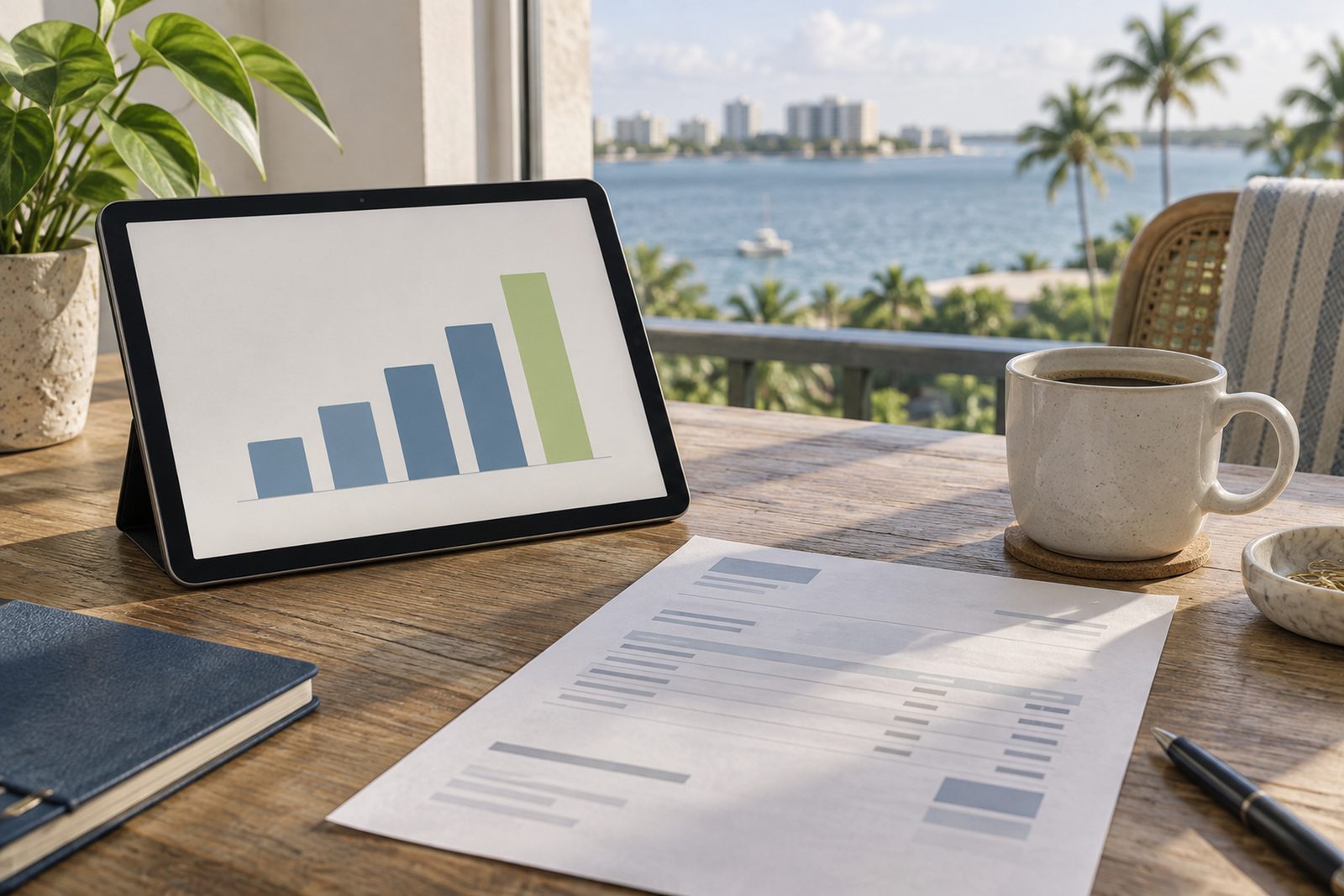 Tablet showing a bar chart trending upward beside a printed invoice and a cup of coffee