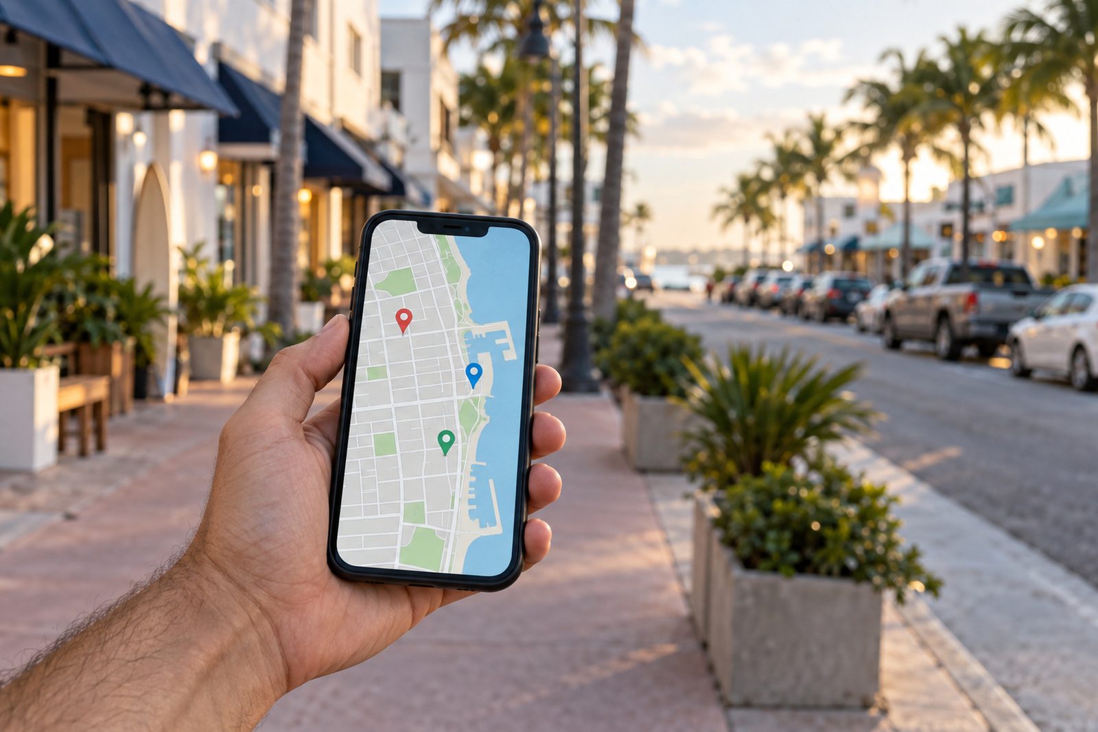 Hand holding a phone showing a map with three pins on a small Florida town main street