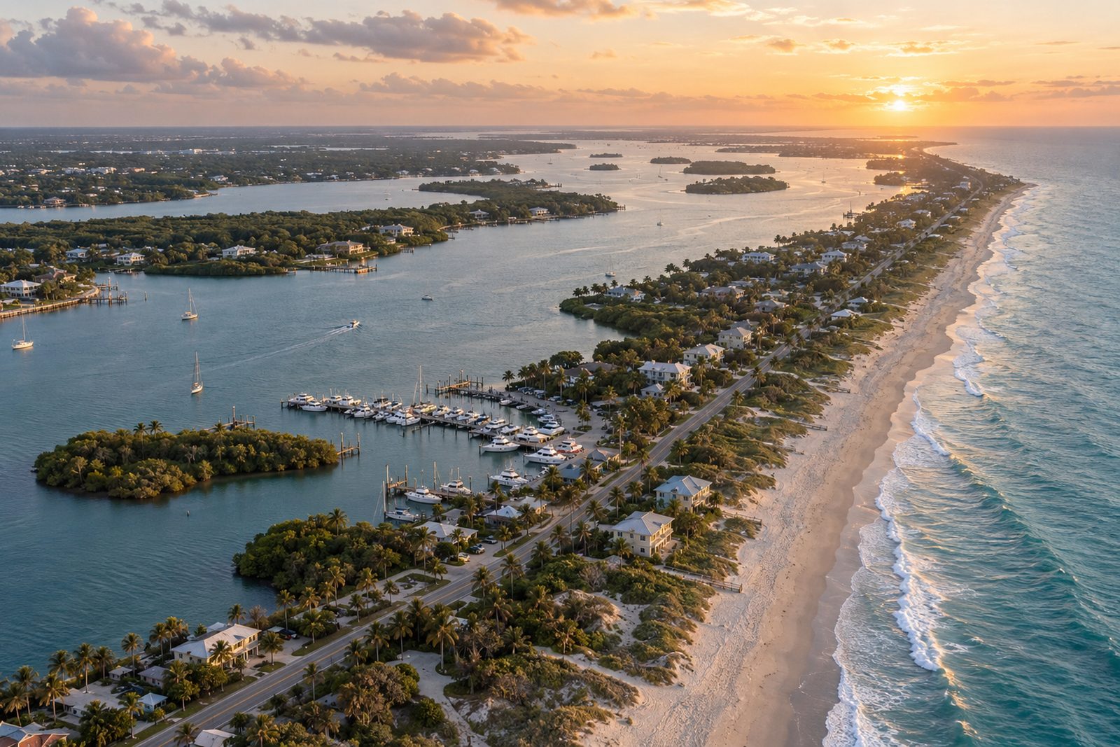 Aerial view of the Treasure Coast shoreline at golden hour with the Intracoastal Waterway and a small marina