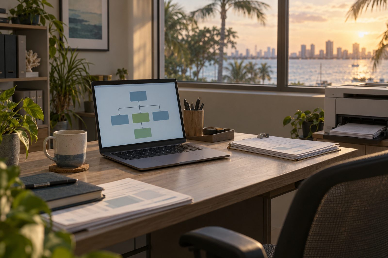 Laptop on a tidy back-office desk showing a simple flowchart of connected boxes, printer and coffee beside it, evening light