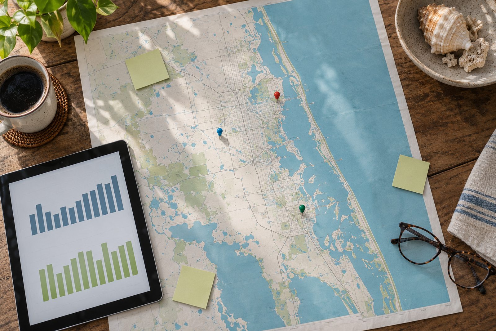 Printed map of a Florida coastal county with colored pins and sticky notes beside a tablet showing bar charts