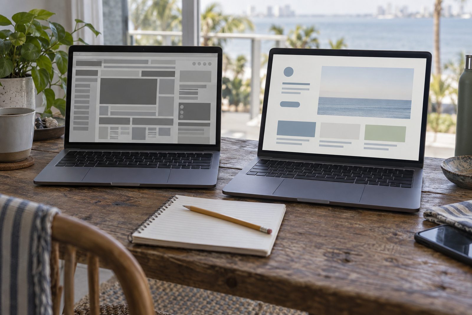 Two laptops side by side, one showing a dated gray website layout and the other a clean modern layout