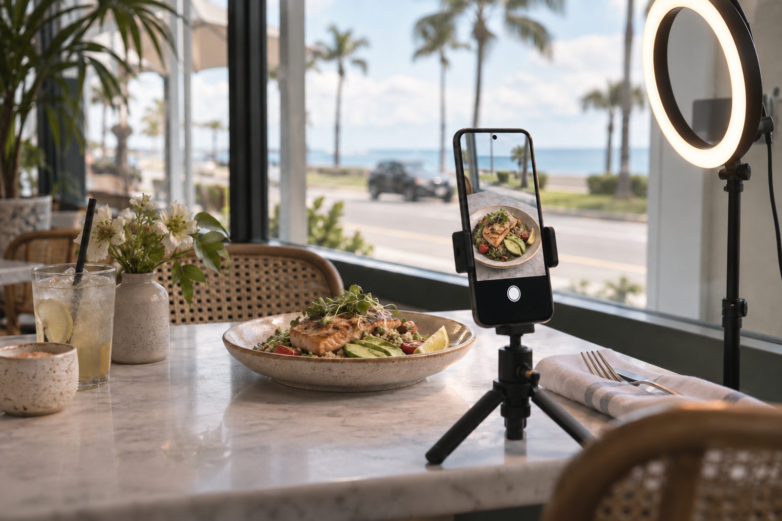 Phone on a small tripod filming a plate of food at a cafe table by a window, ring light to the side