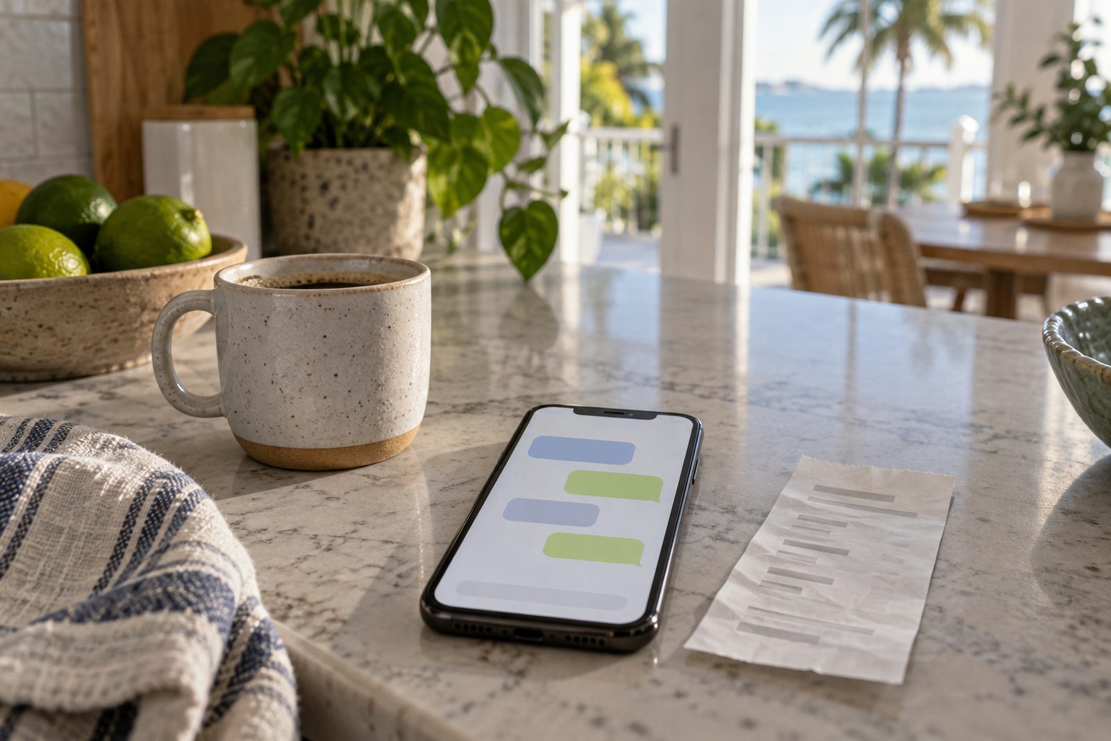 Phone on a kitchen counter showing a short message thread, beside a coffee and a paper receipt