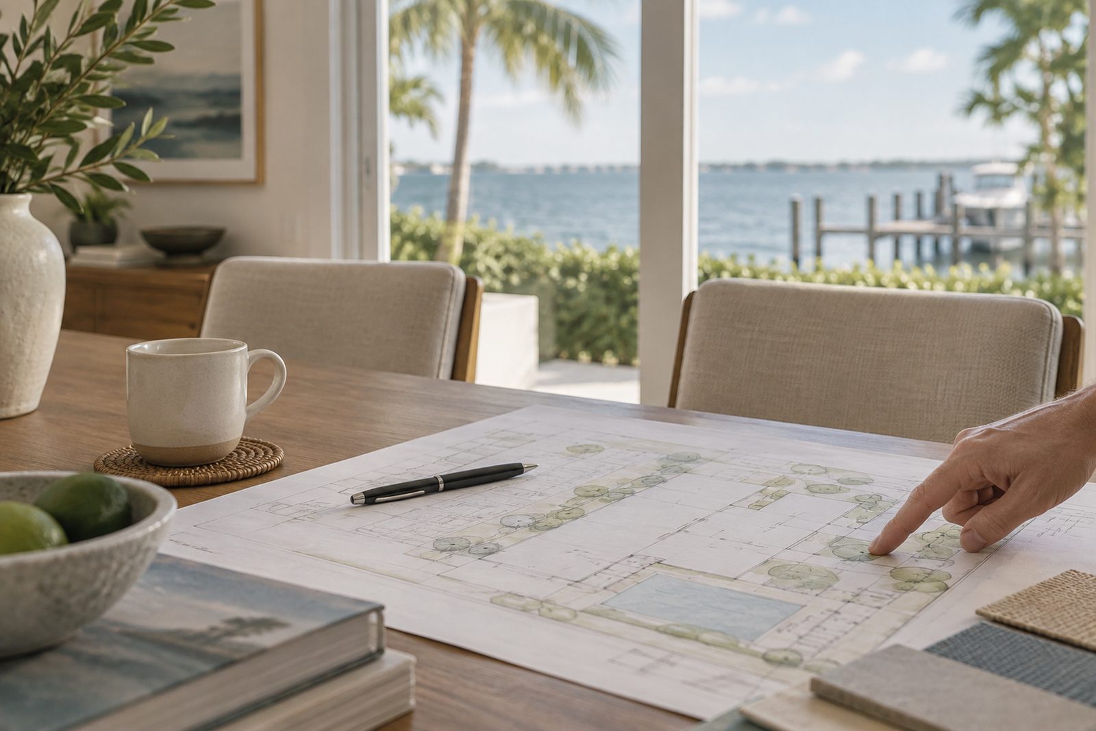 A hand pointing at a printed marketing plan on a wooden table with two chairs pulled up and a coastal window behind