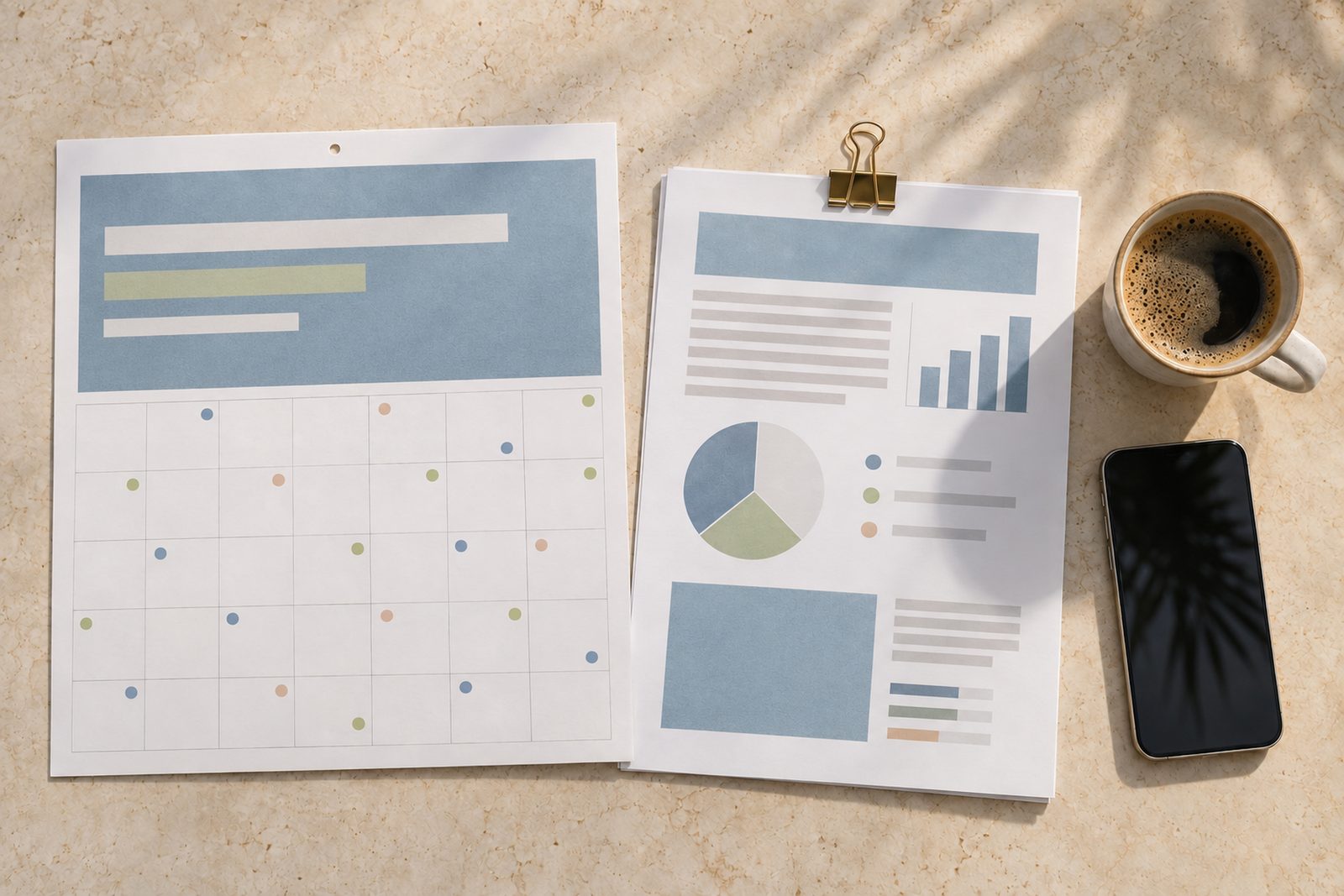 Monthly wall calendar with colored dots on many days, a printed report clipped beside it and a phone