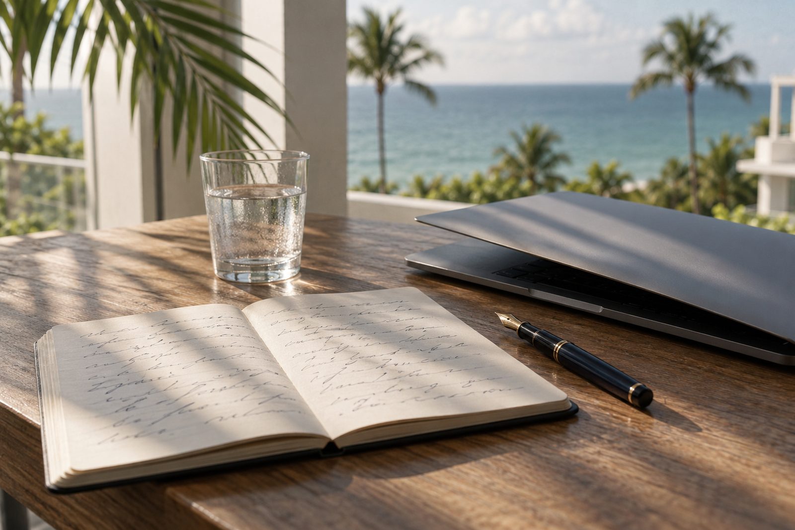 Open notebook with handwritten lines, a fountain pen and a half-closed laptop with palm shadow across the desk