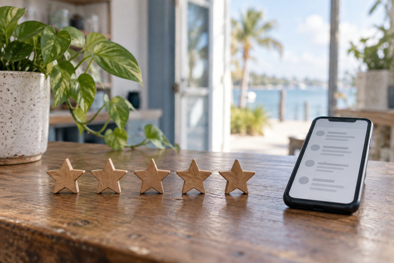 Five small wooden stars lined up on a shop counter next to a phone showing a review screen