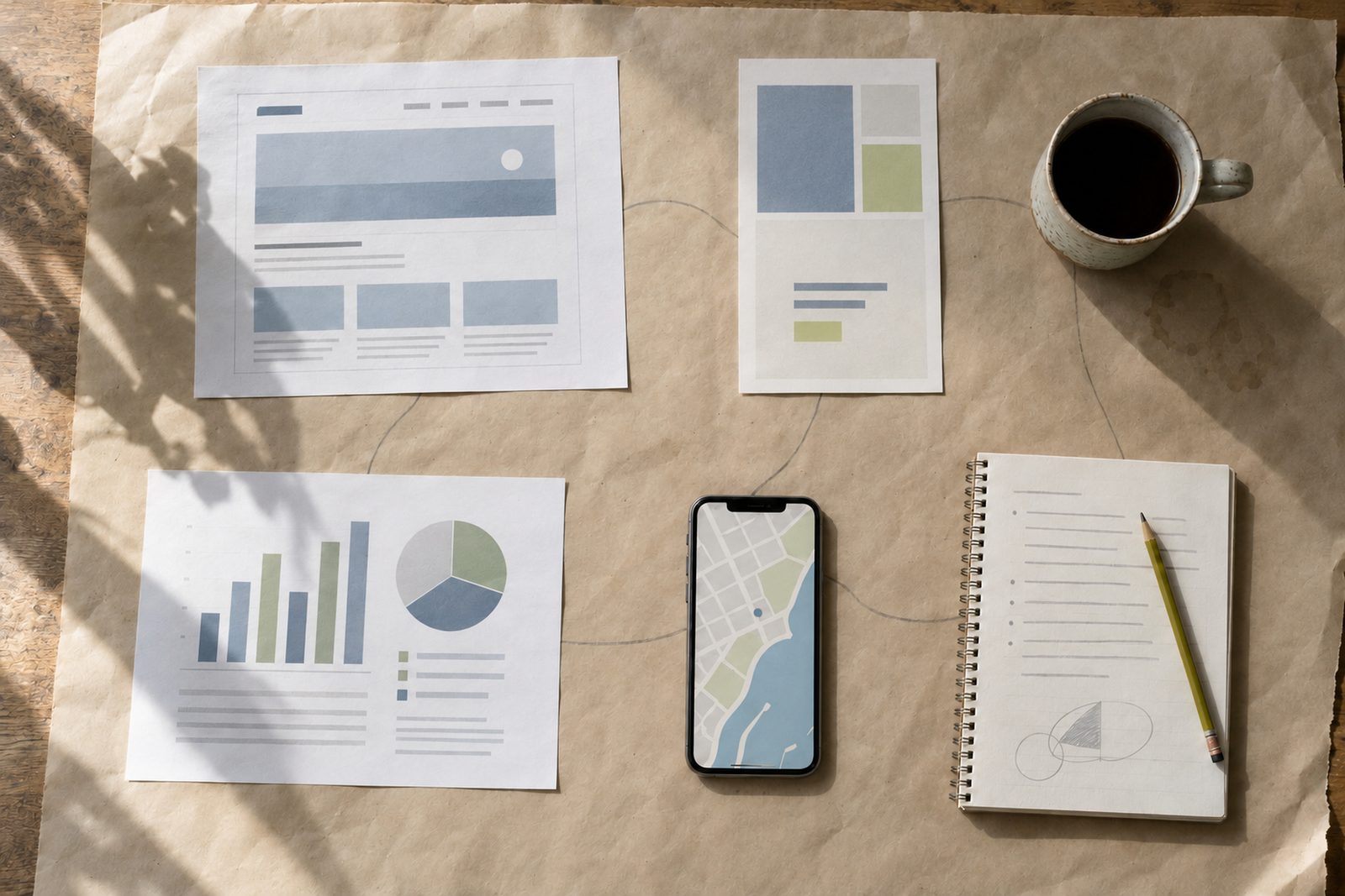 Overhead view of a desk with a website wireframe, an ad mockup, a printed chart, a phone with a map and a notebook