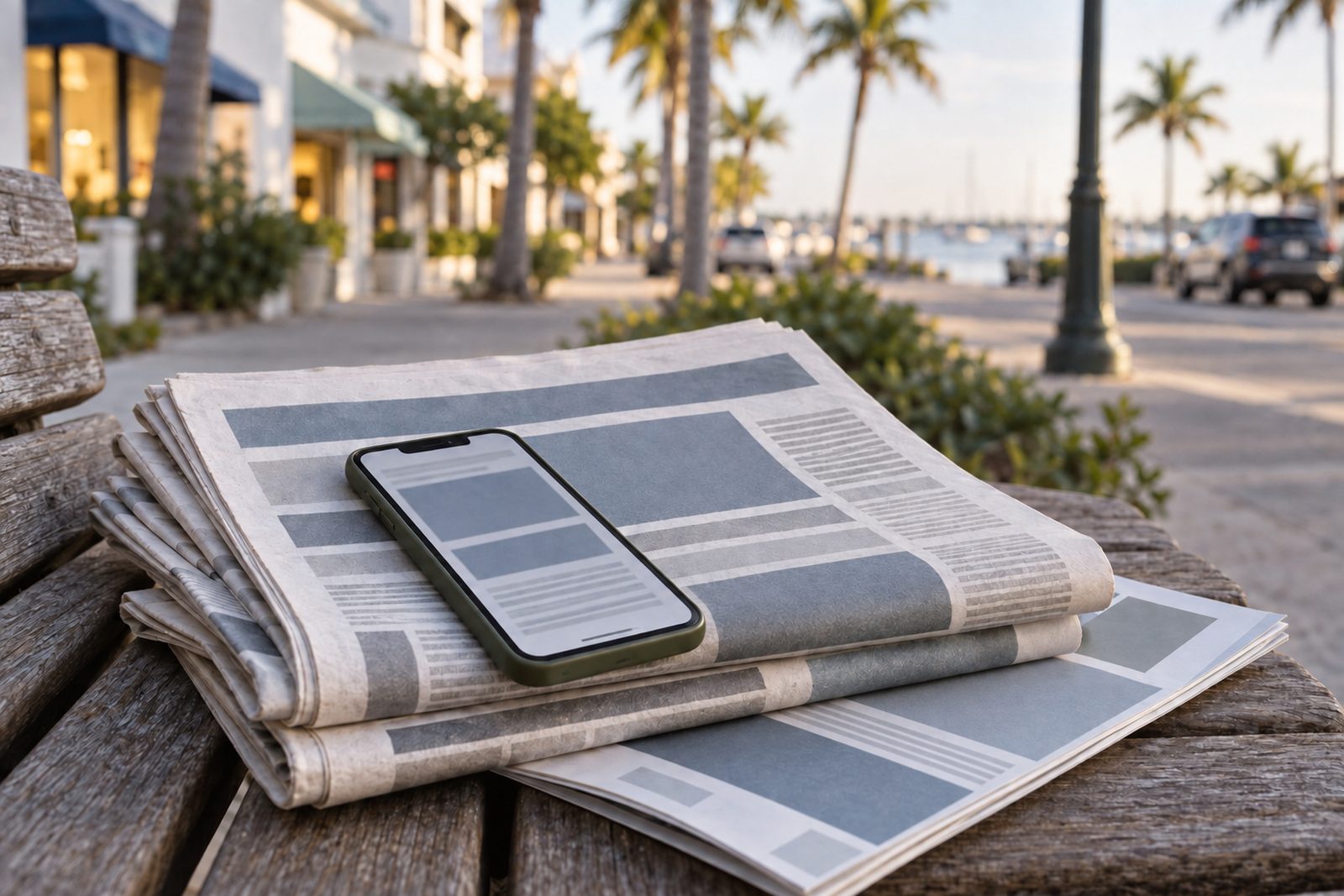 A stack of local newspapers and a community magazine on a bench with a phone showing an article page