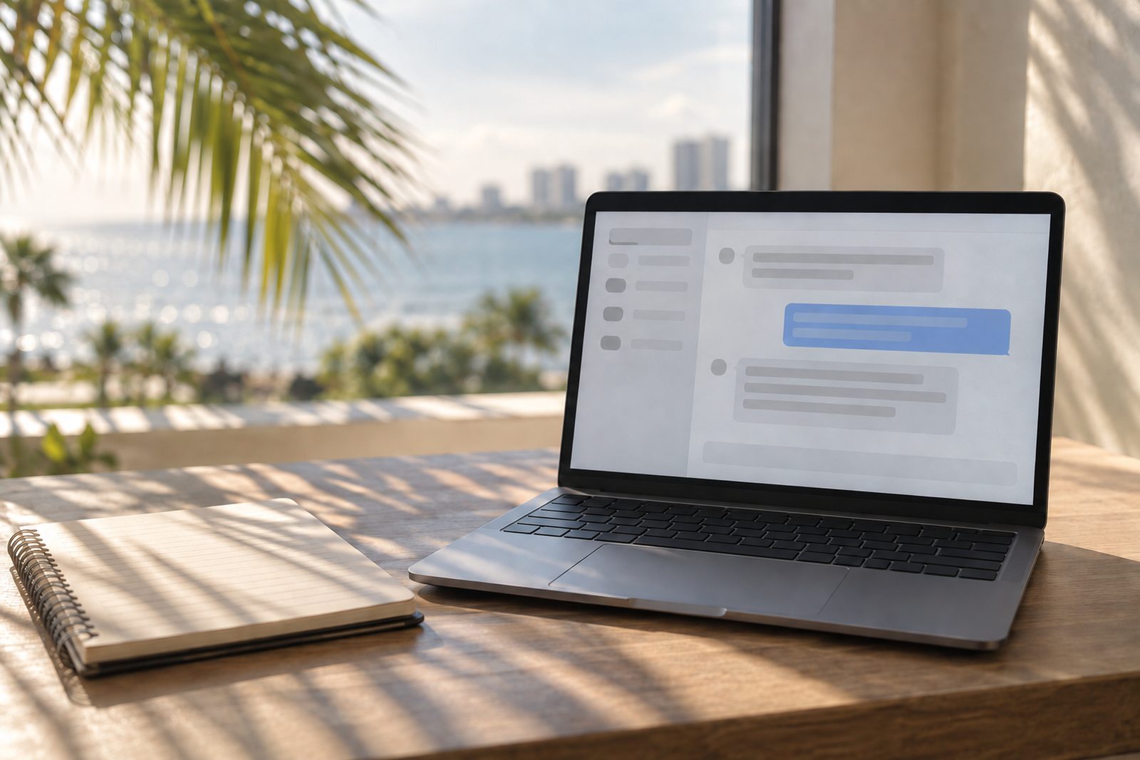 Laptop showing a chat-style answer with one highlighted block, a notebook beside it and palm shadow