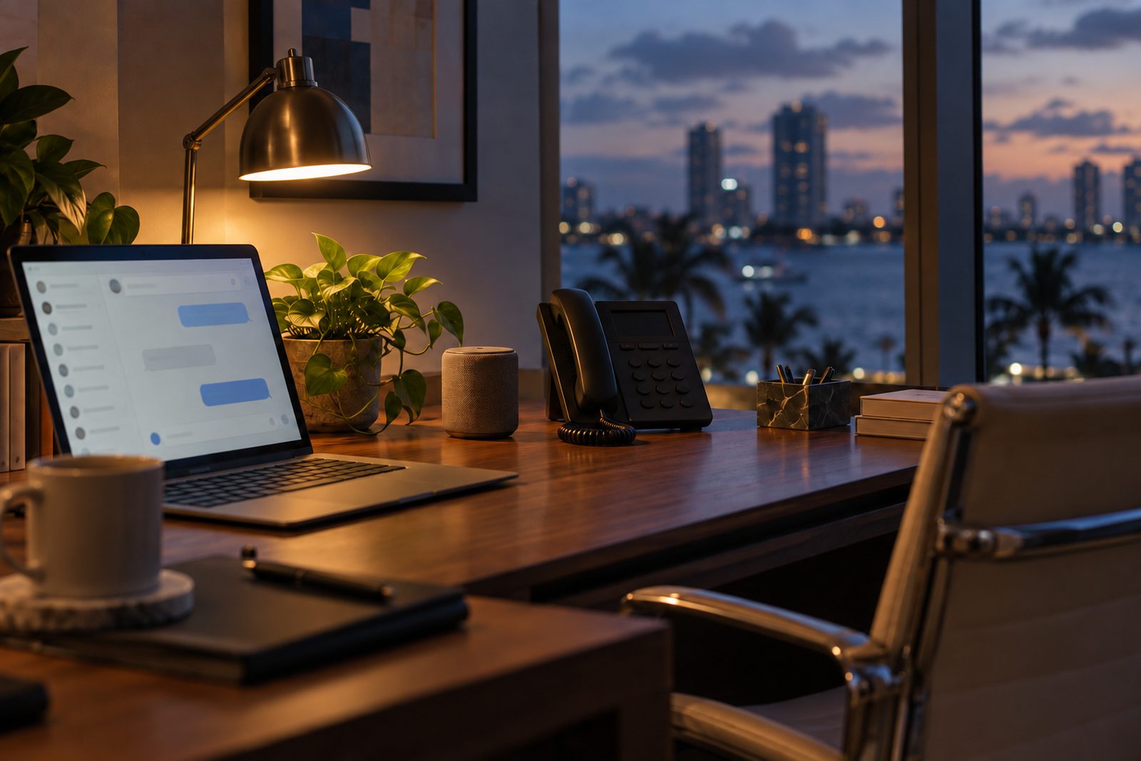 Desk phone and small speaker beside a laptop showing a chat window, empty chair, evening lamp light