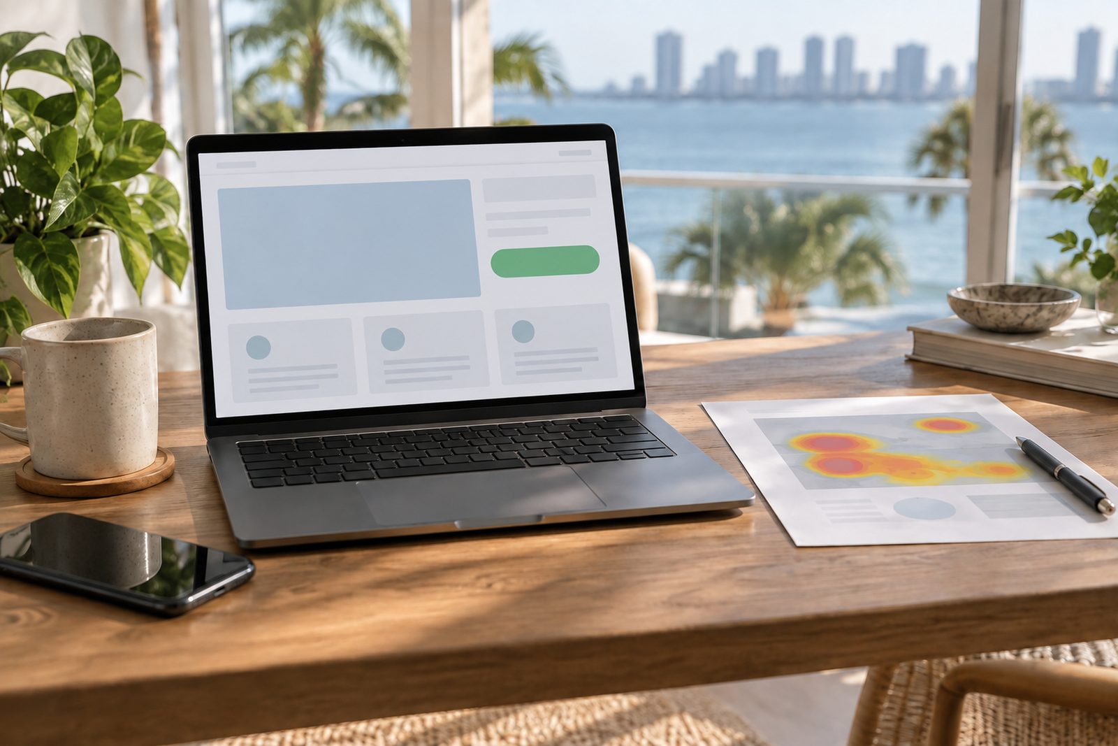 Laptop showing a simple web page with one prominent green button beside a printed heat map overlay