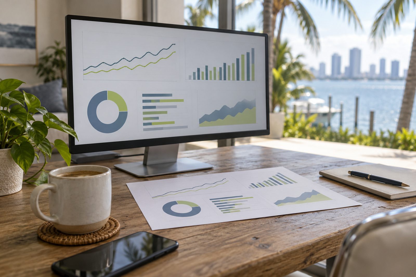 Large monitor showing a dashboard of line and bar charts in blue and lime, with a printed one-page report in front