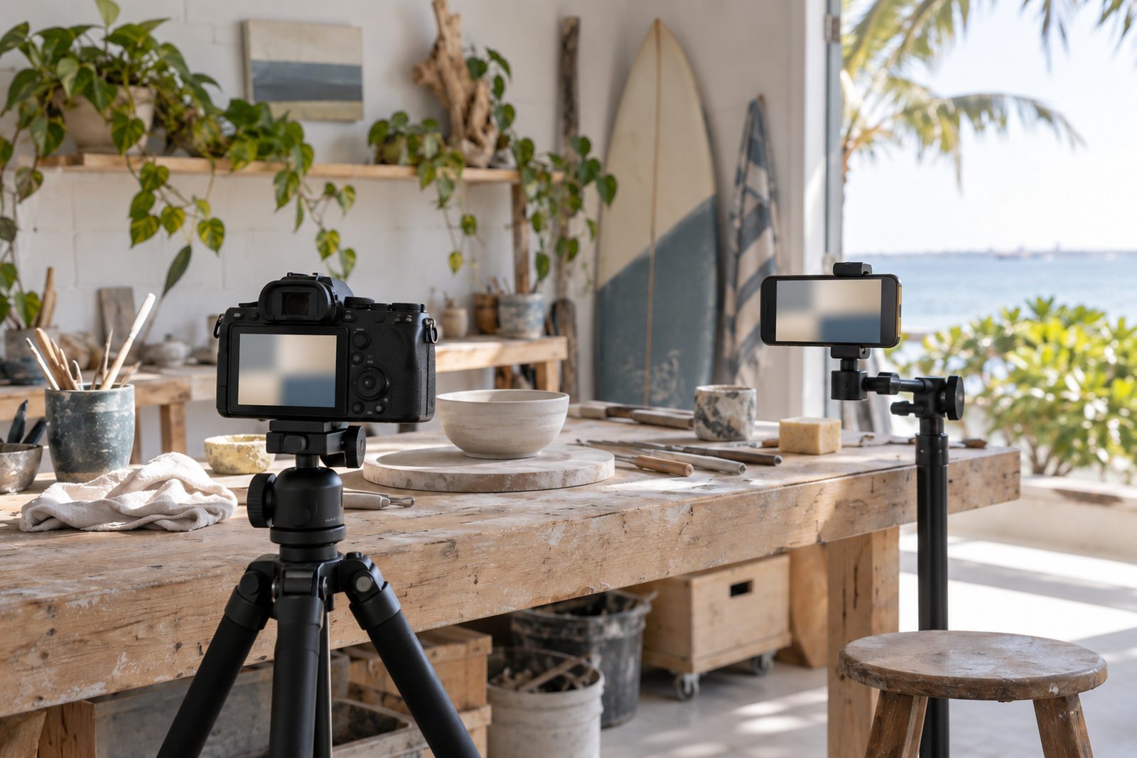 Mirrorless camera on a tripod pointed at a workbench in a bright workshop, with a phone clamped as a second camera