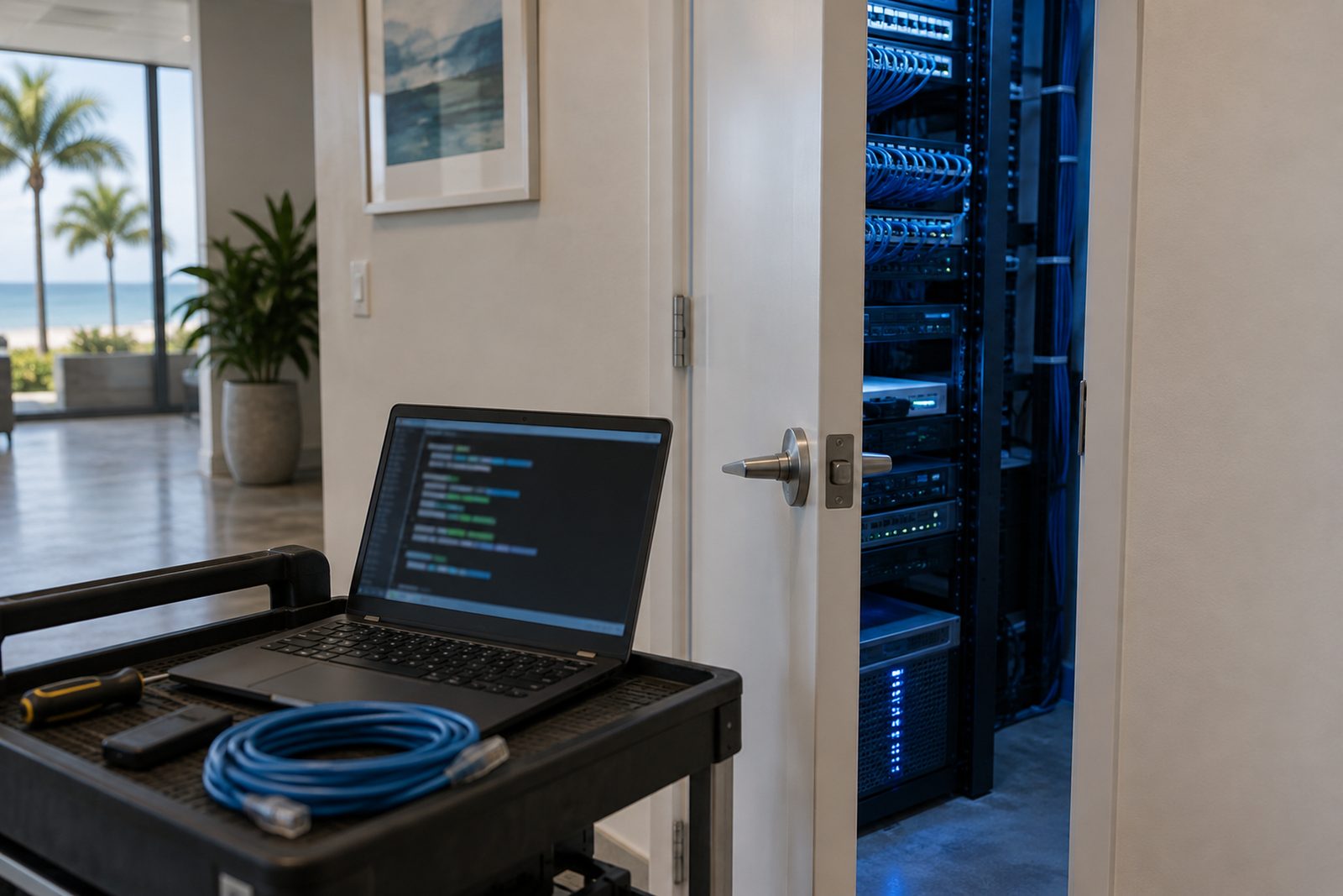 Server closet door slightly open with soft blue light inside and a laptop on a cart showing a terminal window
