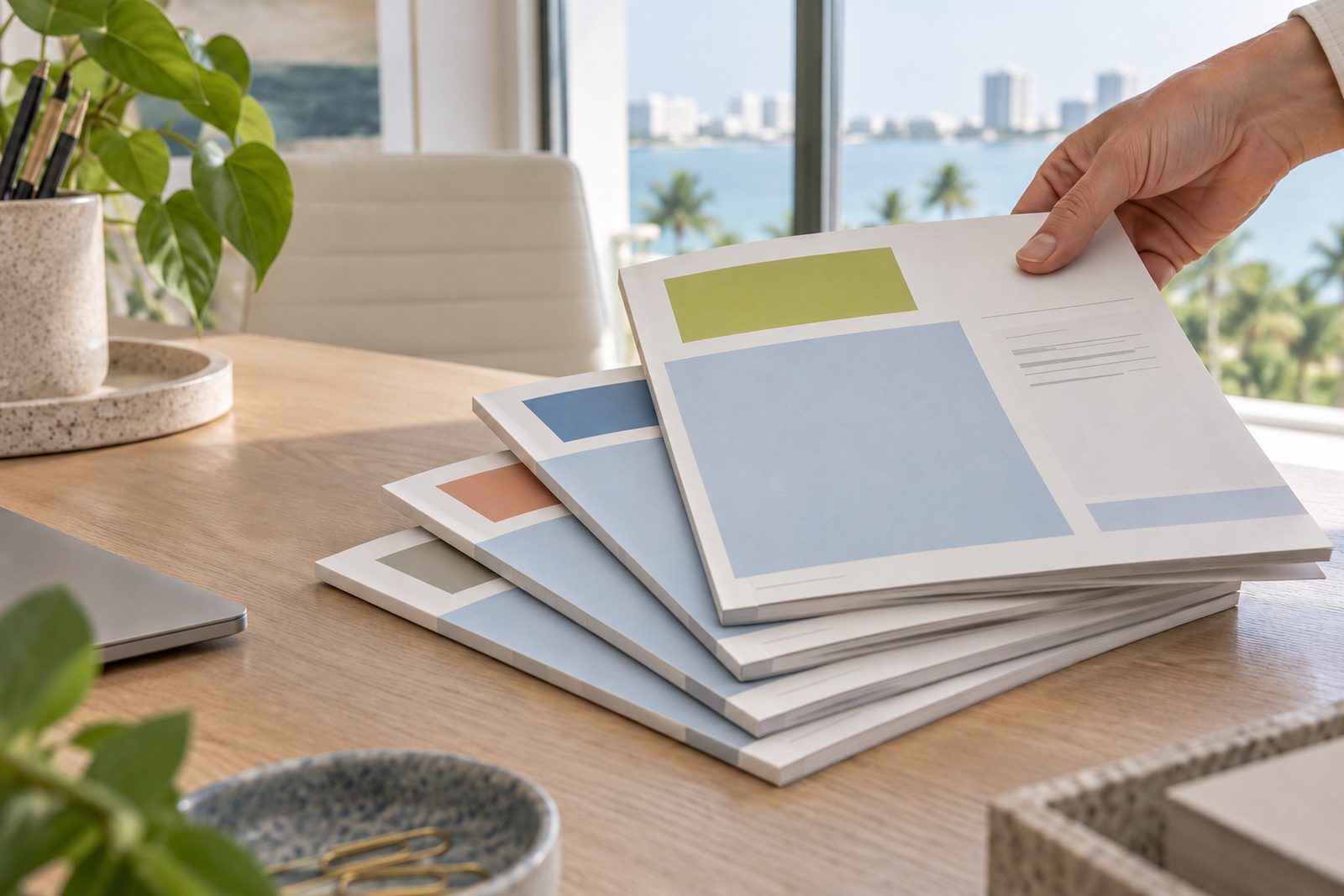 A hand placing the top report on a stack of identical printed reports, each with a different colored blank label