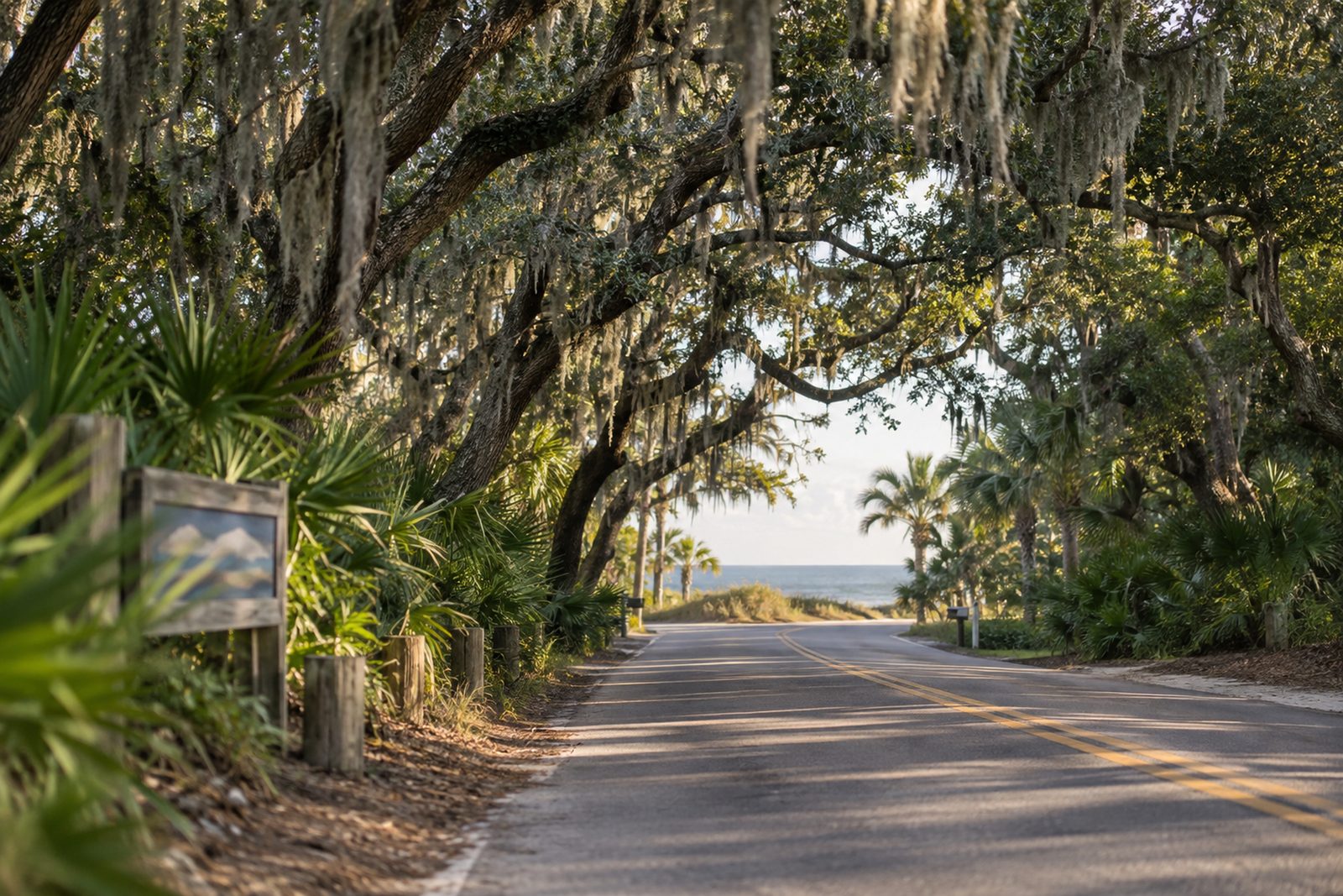 Quiet two-lane road under a canopy of oaks and Spanish moss leading toward the beach in Hobe Sound, Florida