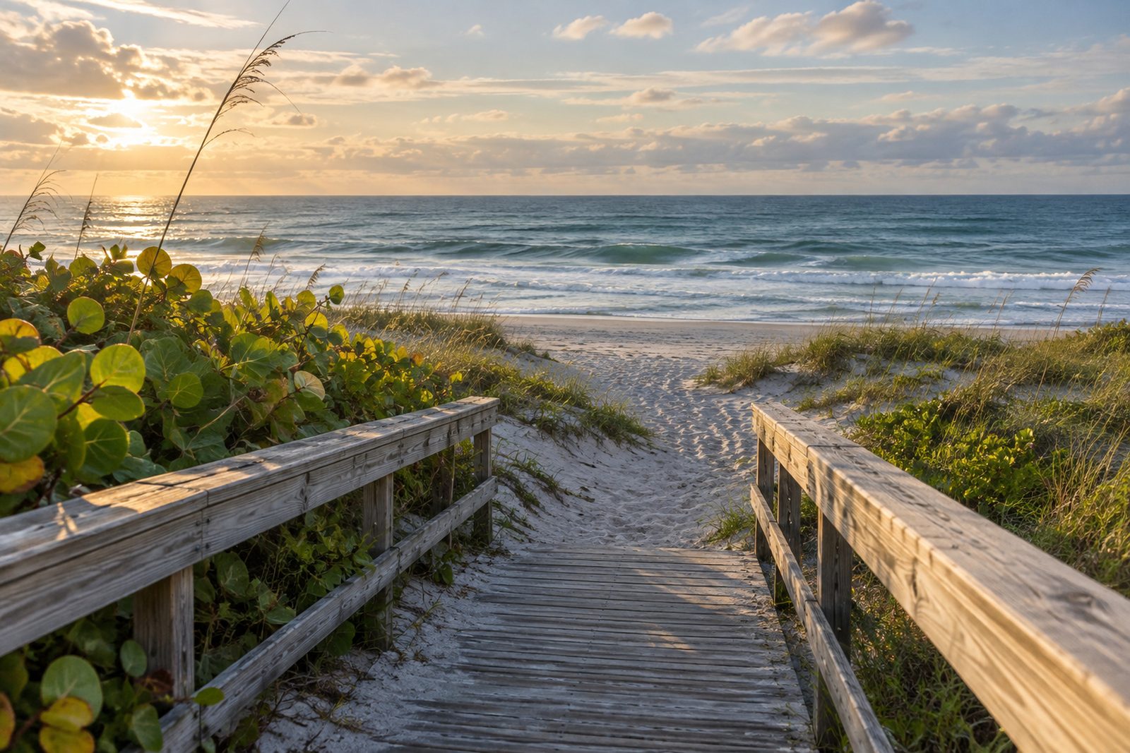 Wooden boardwalk through dunes and sea grapes to an empty Atlantic beach at sunrise near Hobe Sound