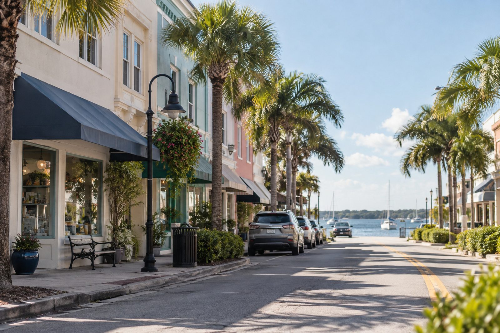 Small downtown street of two-story pastel buildings with awnings and palms leading to the riverfront in Stuart, Florida