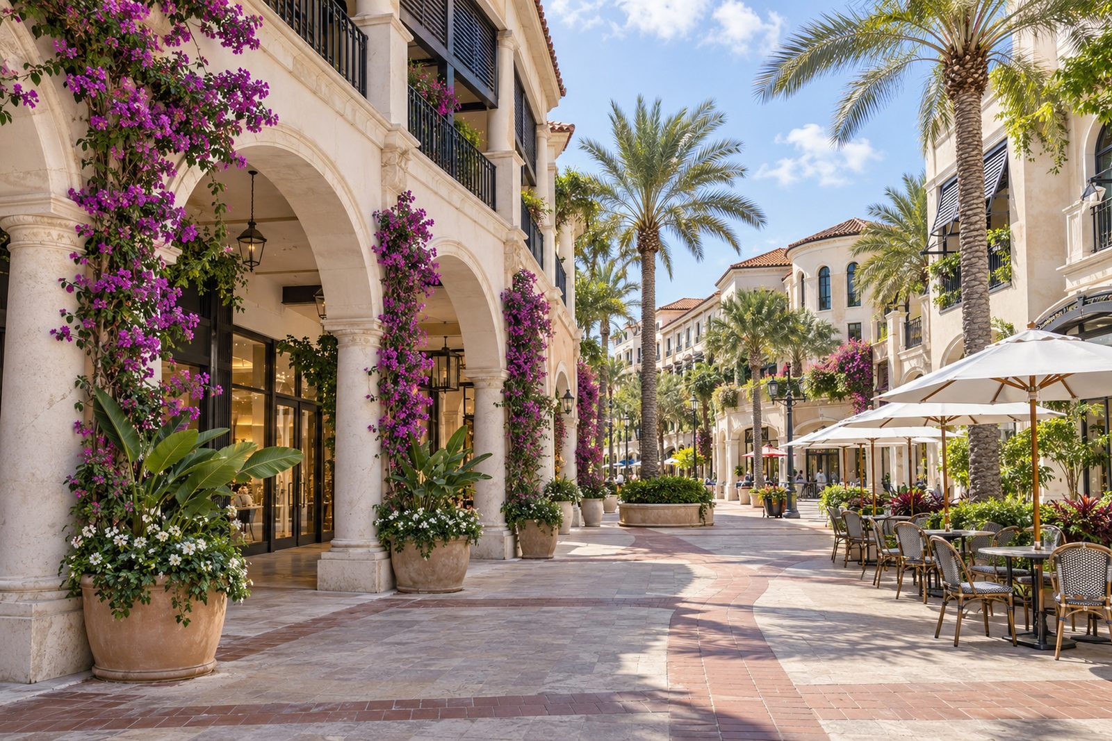 Bougainvillea climbing the arches of a downtown West Palm Beach arcade with palms and cafe tables