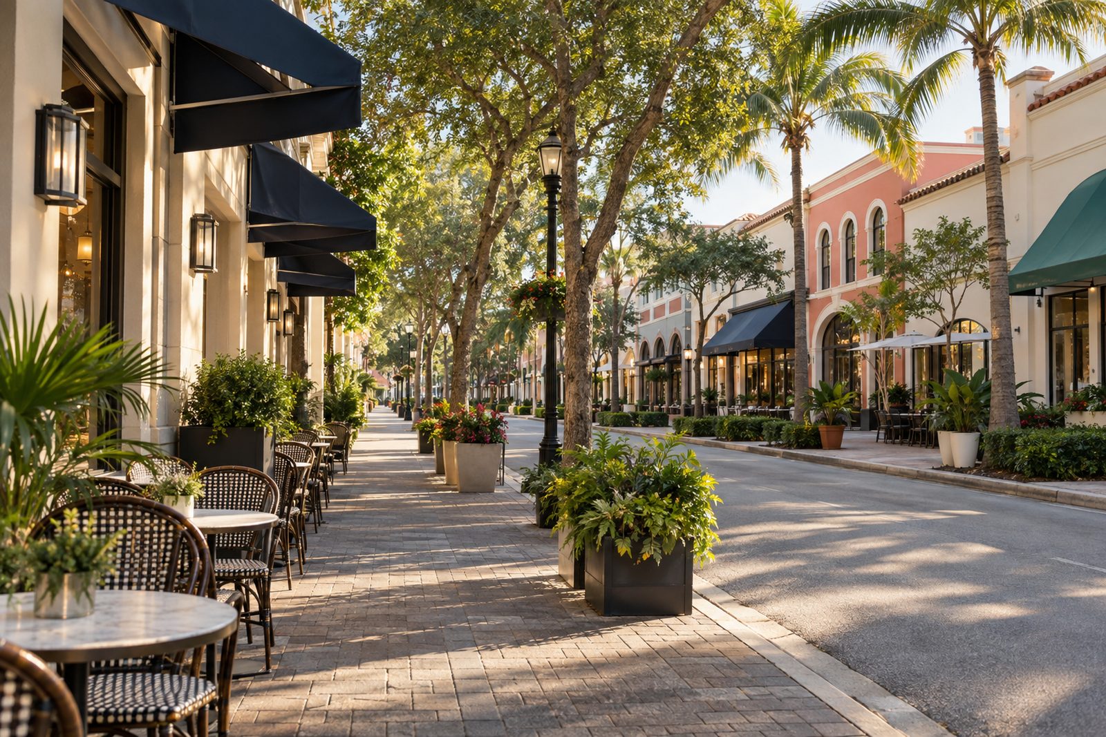 Tree-lined downtown West Palm Beach street with cafe tables, awnings and pastel storefronts