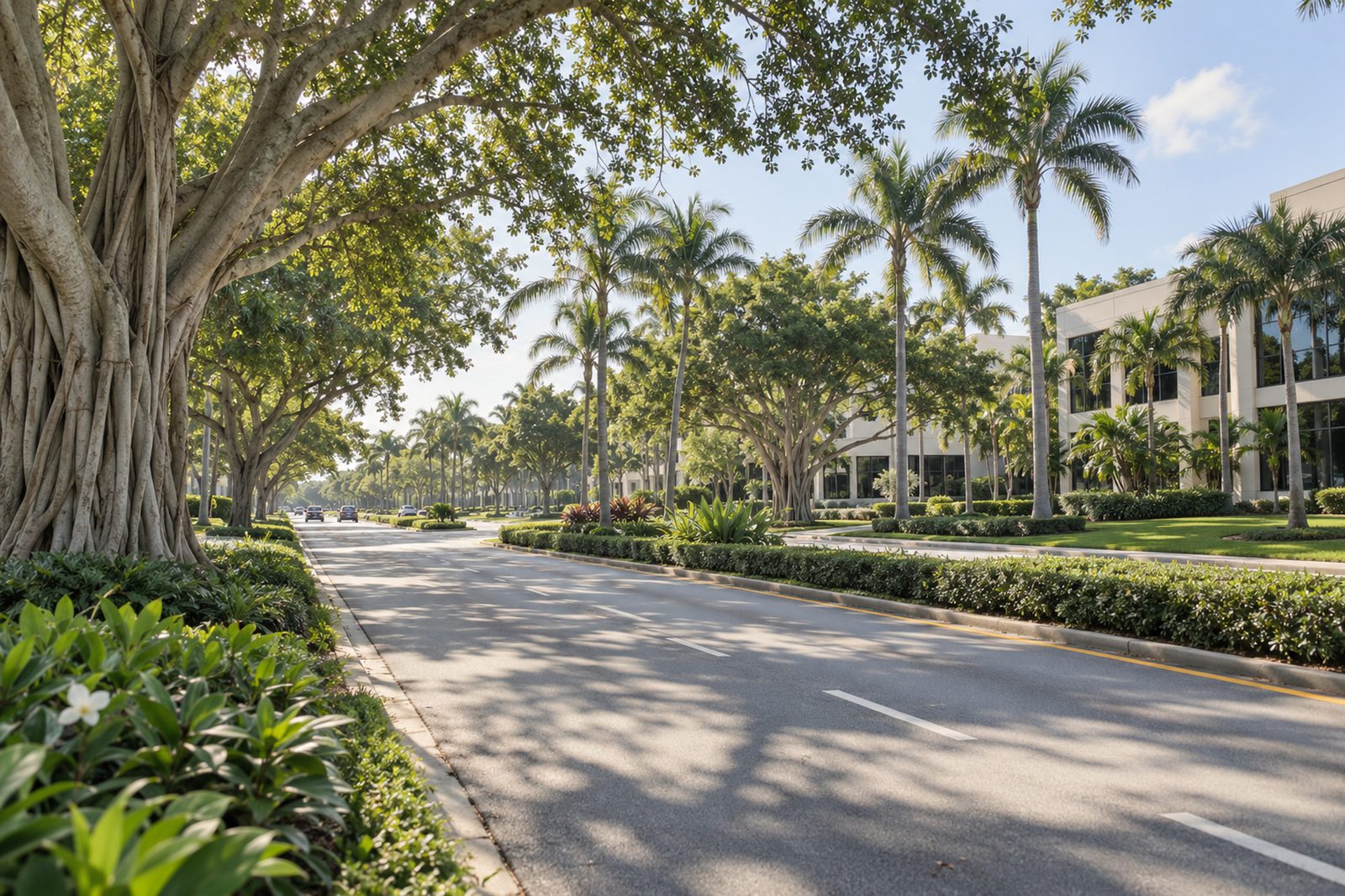 Tree-lined boulevard with manicured medians and low office buildings among palms and banyans in Palm Beach Gardens