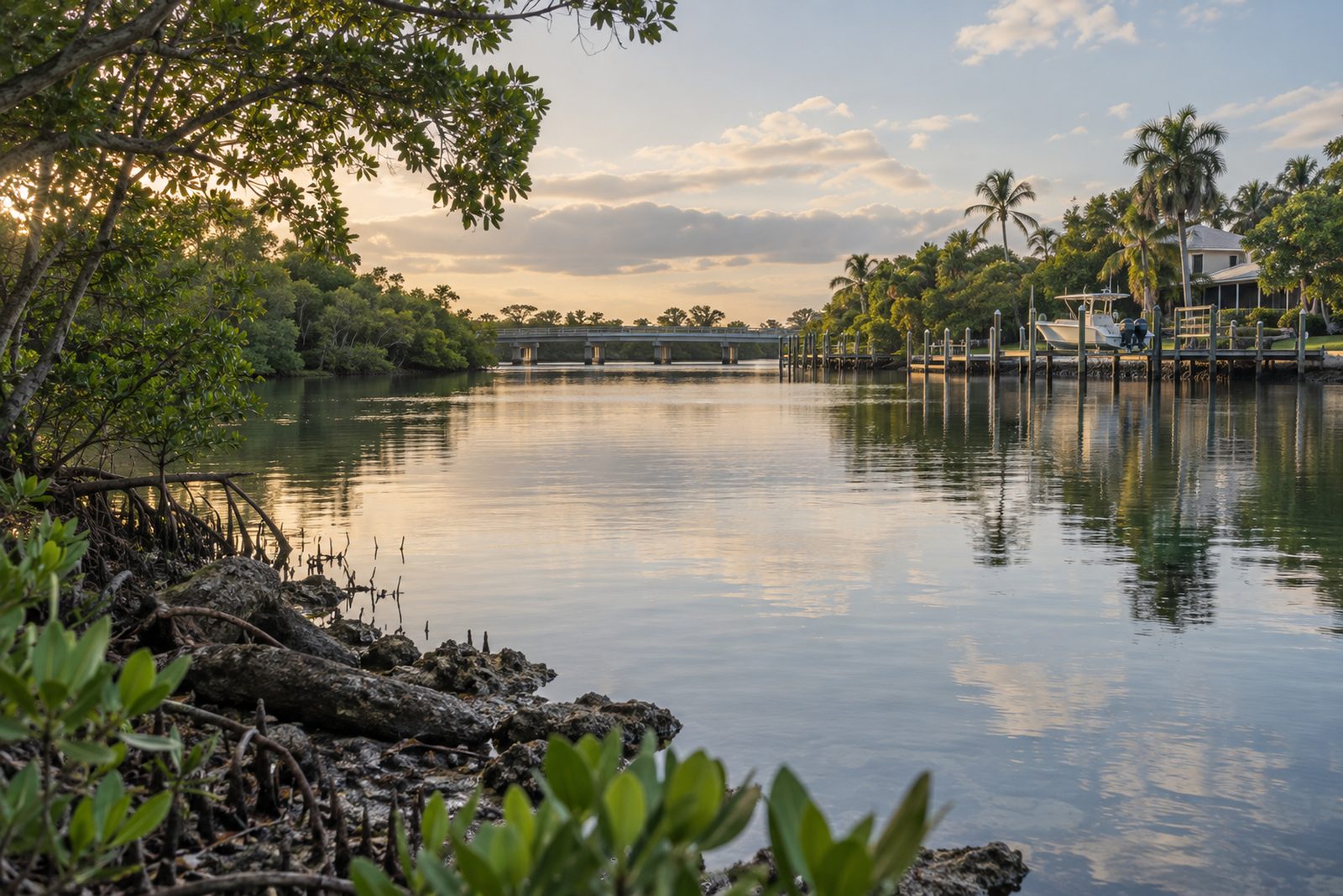 Calm river bend lined with mangroves and docks at dusk in Tequesta, Florida