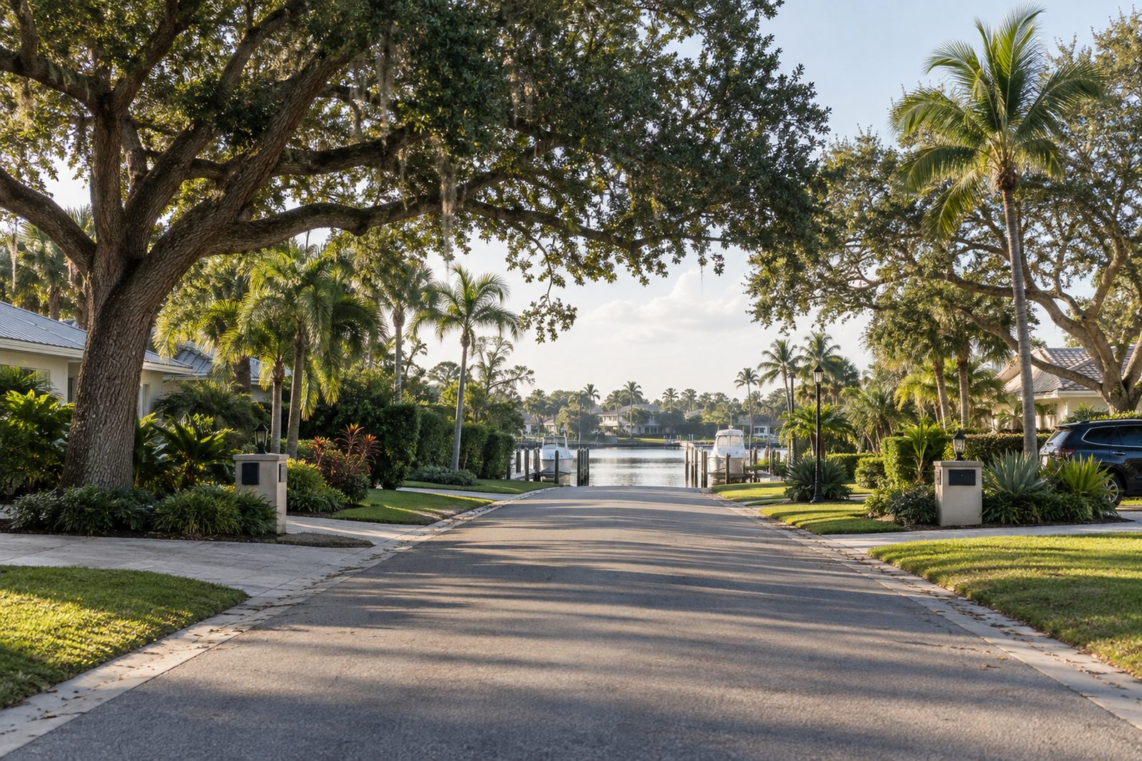 Wide residential street with large lots and live oaks leading to a canal in Palm City, Florida
