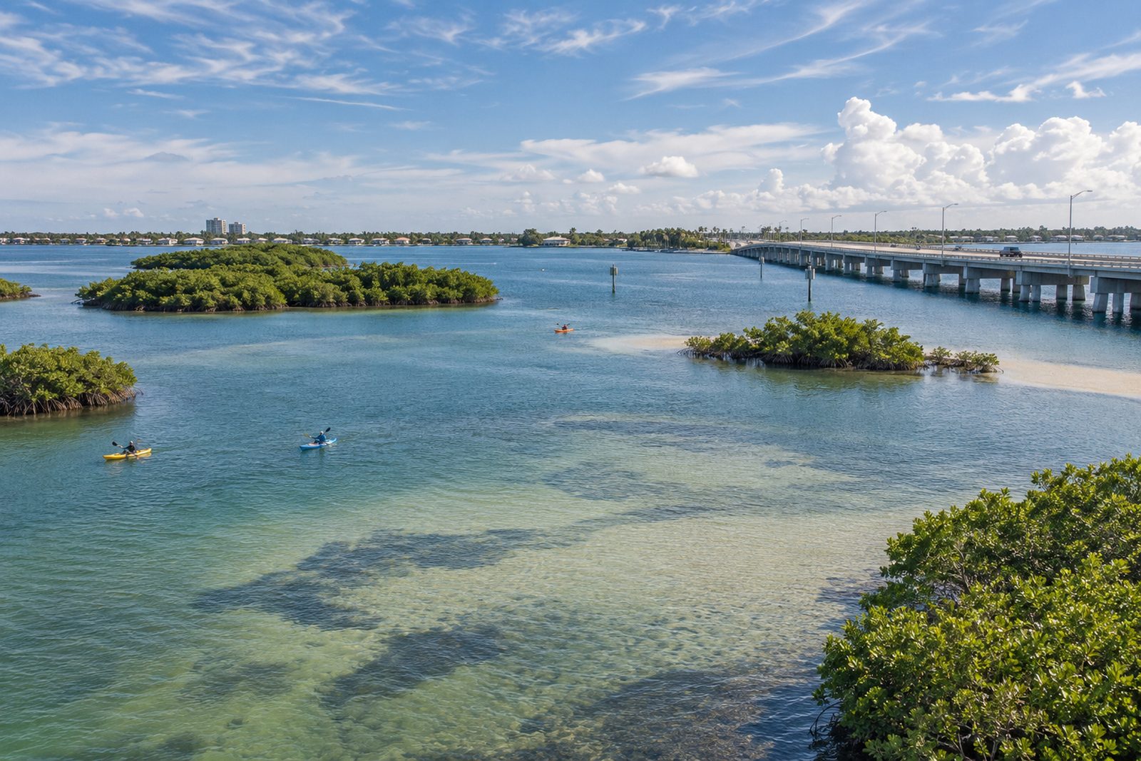 Causeway bridge over a wide shallow lagoon with sandbars and mangrove islands at Jensen Beach