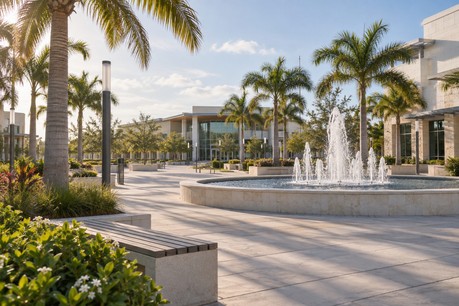 Modern civic plaza with a fountain, palms and low new buildings in Port St. Lucie