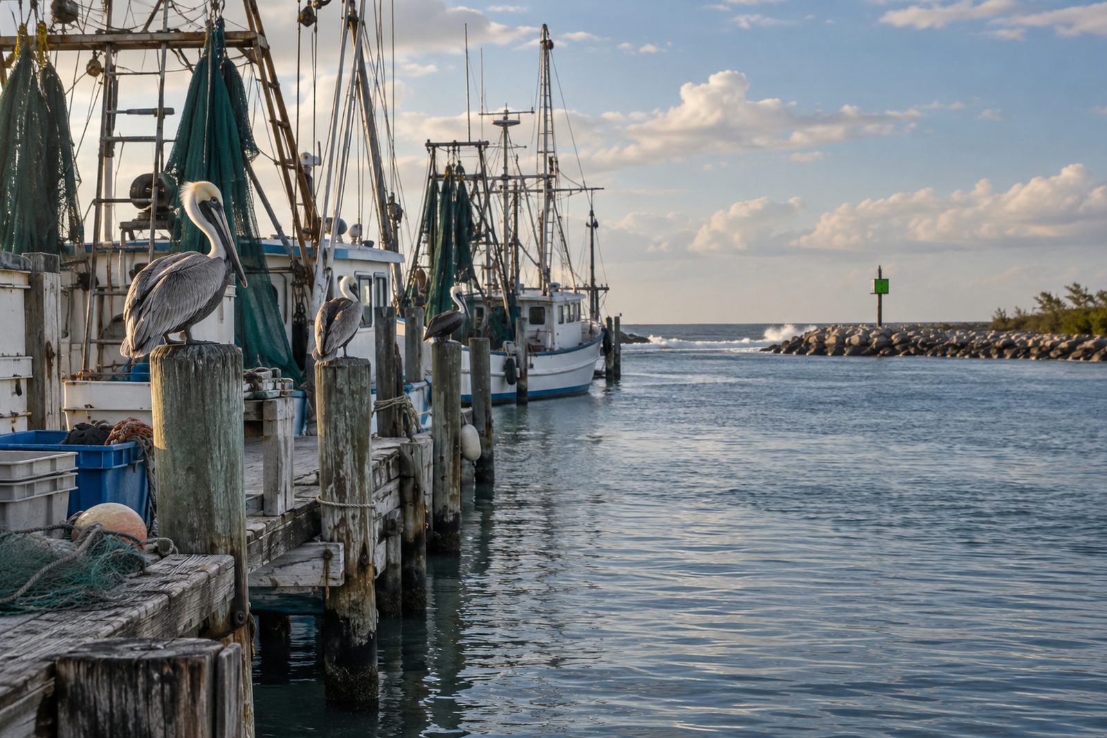Working marina with commercial fishing boats, pelicans on the pilings and the inlet marker beyond, Fort Pierce