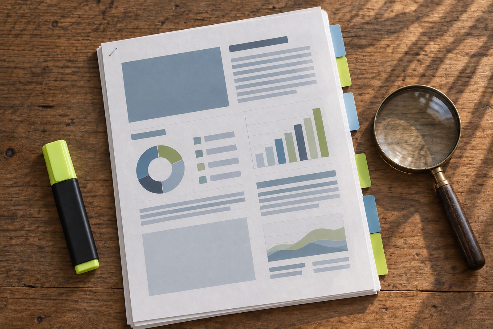 Printed website audit report with colored tabs, a highlighter and a magnifying glass on a wooden desk