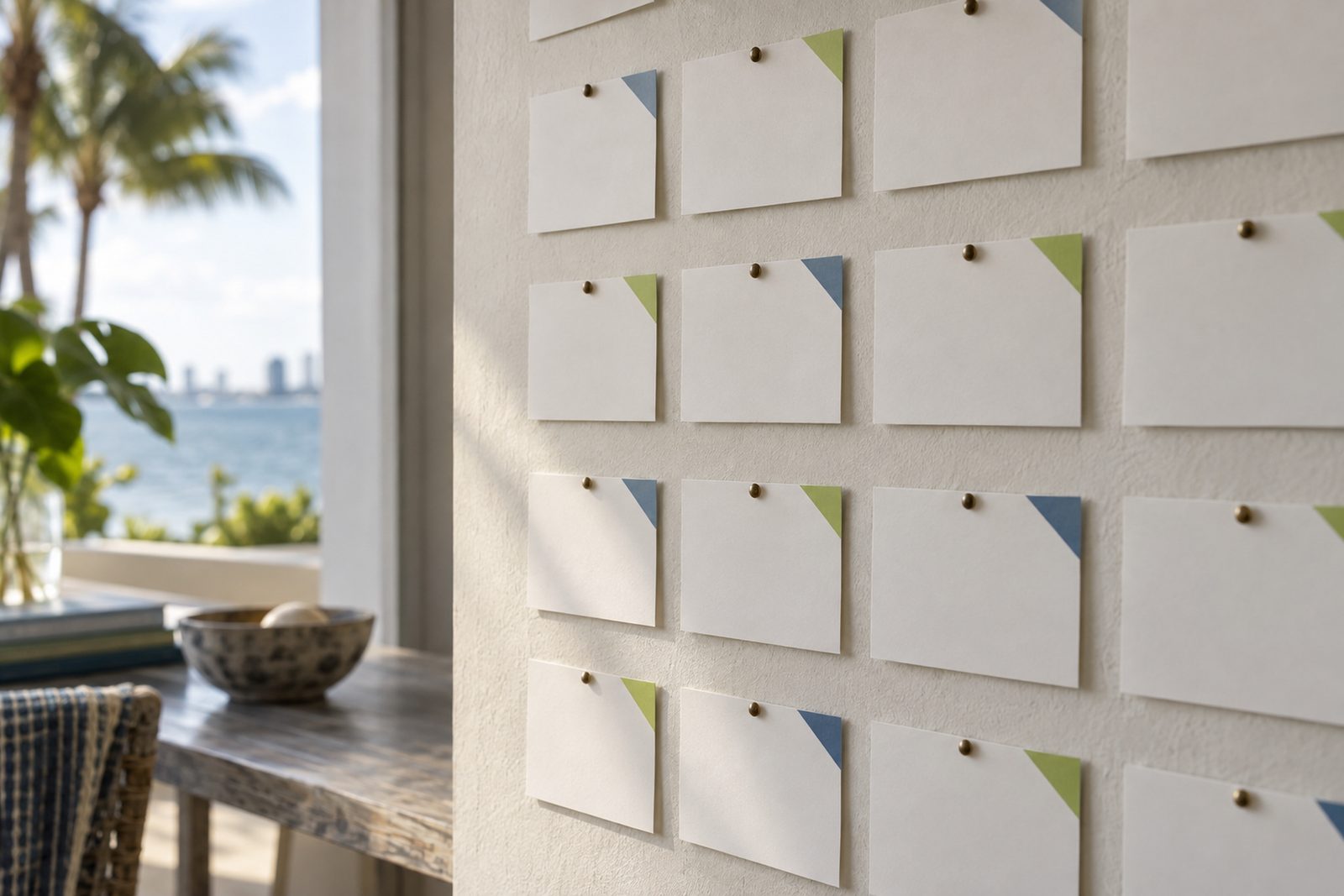 Wall of neatly pinned blank index cards in a loose grid, each with a colored corner